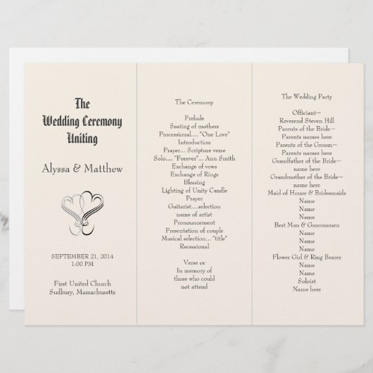 Fichier de programme de mariage à trois volets ave (Devant / Derrière)