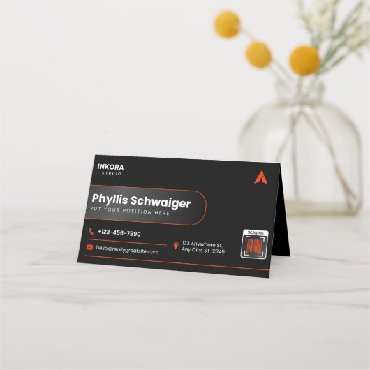 Fidélité Carte de visite moderne noire et orange avec code (Dos)