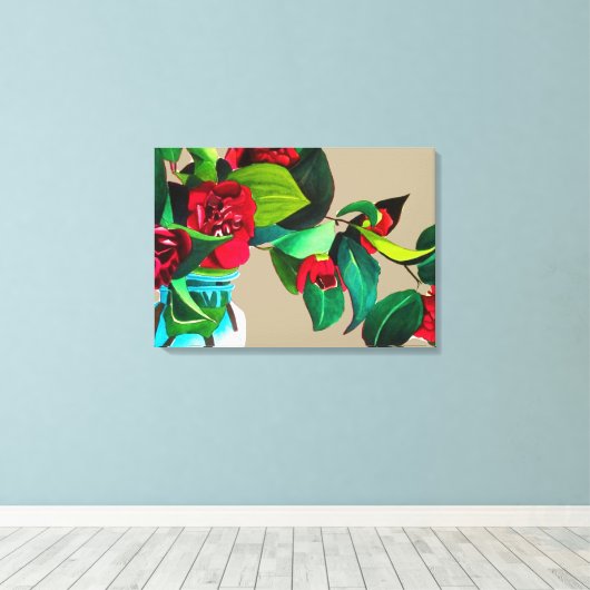 Fie Art red camellia waterverf origineel Canvas Afdruk (Insitu (Houten vloer))