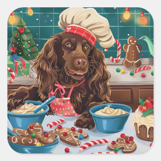 Field Spaniel Holiday Baking: Feestelijke Kerst Vierkante Sticker (Voorkant)