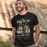 Fier oncle du T-shirt Graduate<br><div class="desc">Cérémonie de graduation t-shirt noir & or avec un tableau de mortier des diplômés,  5 photos de votre nièce ou neveu,  le dicton "fier oncle du diplômé",  leur nom,  lieu d'étude,  et année de classe.</div>