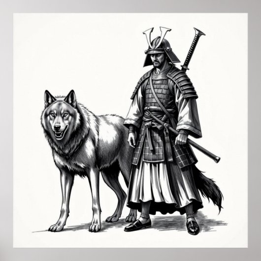 Fierce Bond: Samurai en Wolf houtskool kunst Poster (Voorkant)