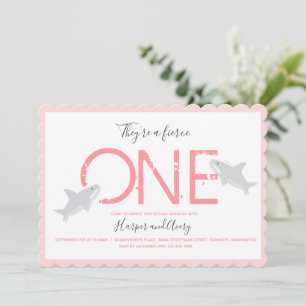 Fierce One Pink Twins Shark Animal Eerste Verjaard Kaart