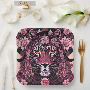 Fierce Pink Leopard Face Floral Papieren Bordje