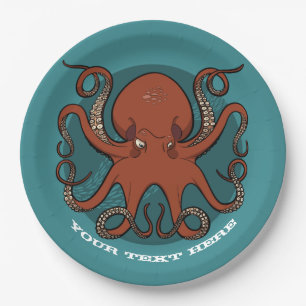 Fierce Red Octopus Tentacles Cartoon Papieren Bordje