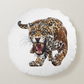 Fierce Roaring Jaguar Illustration Wild Oerwoud Rond Kussen
