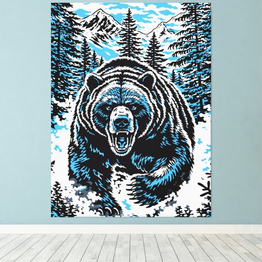Fierce Wilderness Bear Roar Illustration Canvas Afdruk (Insitu (Houten vloer))