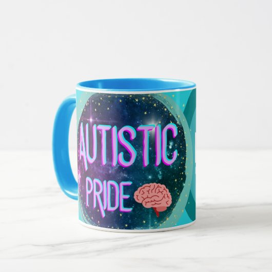 Fierté autistique Mug de café Turquoise du cerveau (Devant gauche)