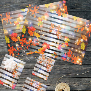 Fiery Autumn Foliage Zilver Black Stripe Glamour Inpakpapier Vel