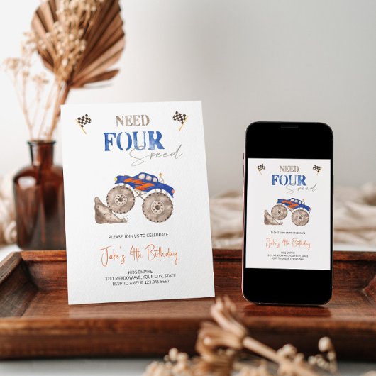 Fiery Blue Monster Truck 4e uitnodiging