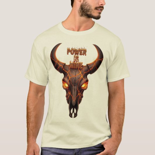 Fiery Bull Skull "Power Is Mine" - Lava Effect Gra T-shirt (Voorkant)