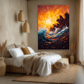 Fiery Ocean Wave Hedendaagse Expressionistische Ku Canvas Afdruk