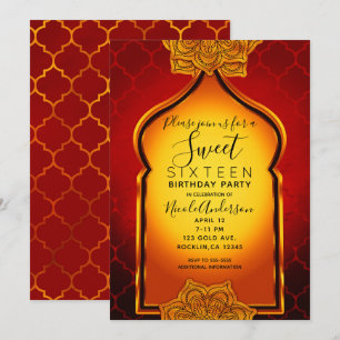 Fiery Red Gold Royal Indian Arabian Sweet 16 Party Kaart