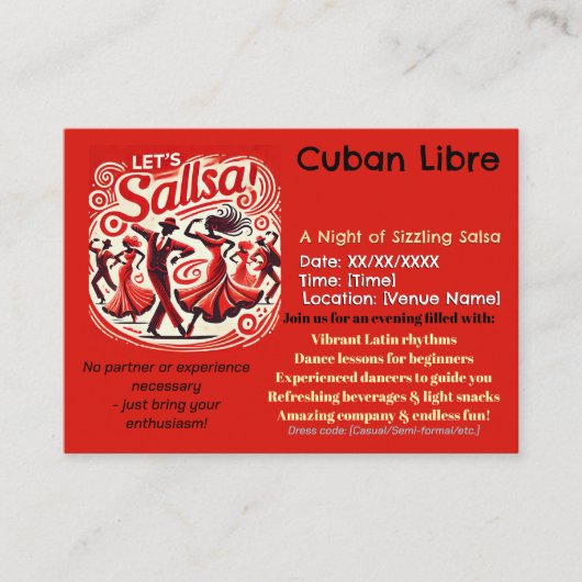 Fiery Salsa Dance Party Uitnodiging – Red Hot Nigh Informatiekaartje (Voorkant)