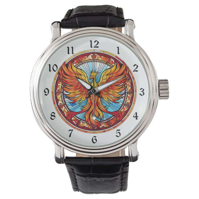 Fiery Sinaasappel Blue Phoenix Bird Horloge (Voorkant)