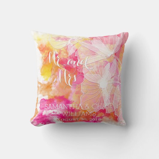 FIERY SUNSET WATERVERF HOLLYHOCK WEDDING PILLOW KUSSEN (Voorkant)