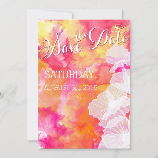 FIERY SUNSET WATERVERF HOLLYHOCK WEDING SAVE THE DATE (Voorkant)