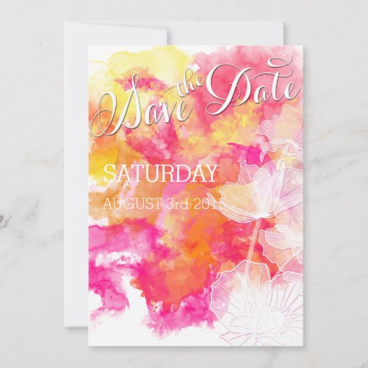 FIERY SUNSET WATERVERF HOLLYHOCK WEDING SAVE THE DATE (Voorkant)
