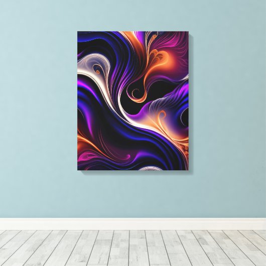 Fiery Waves - Vet Paarse, Sinaasappel, Goud Abstra Canvas Afdruk (Insitu (Houten vloer))