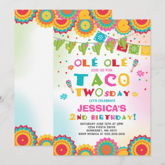 Fiesta 2e anniversaire Invitation Taco fête du Two (Devant / Derrière)
