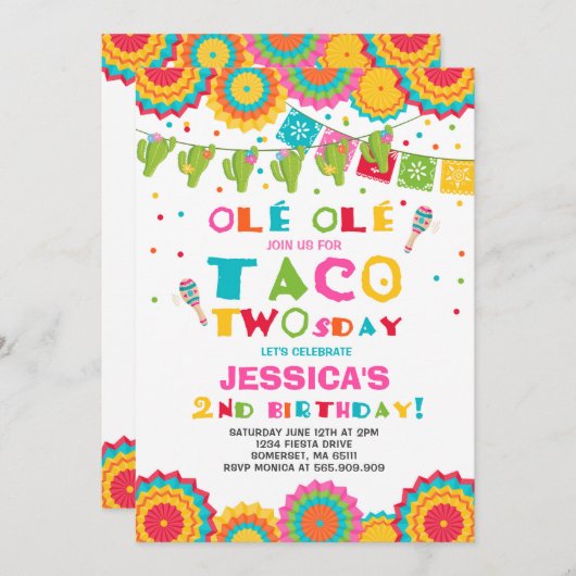 Fiesta 2e anniversaire Invitation Taco fête du Two (Devant / Derrière)