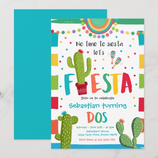 Fiesta 2e verjaardag Mexicaanse cactus Party Inv Kaart (Voorkant / Achterkant)