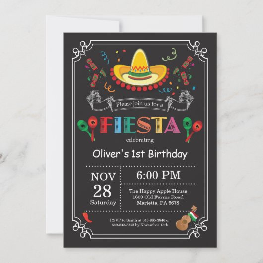 Fiesta Birthday Invitation Chalkboard Mexican Kaart (Voorkant)