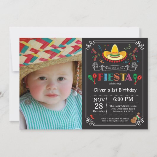 Fiesta Birthday Invitation Chalkboard Mexican Kaart (Voorkant)