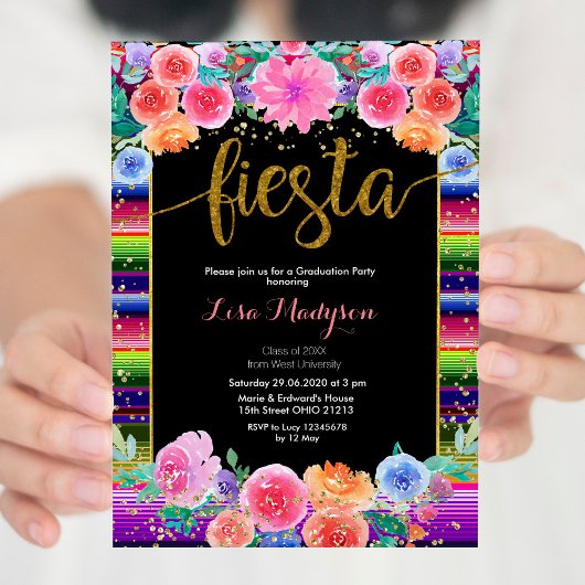 Fiesta Black Graduation Invitation Party Mexicaine
