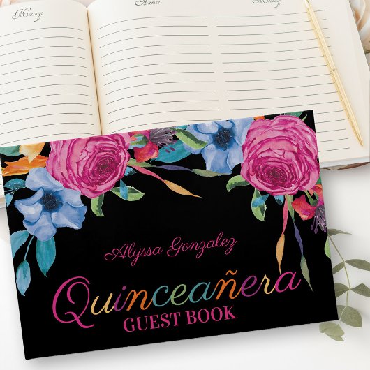 Fiesta Bloemen Zwart en Roze Bloemen Quinceanera Gastenboek