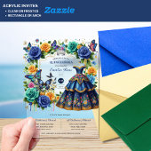 Fiesta Bloemenvlinders QUINCEANERA Blauw Goud Acryl Uitnodigingen