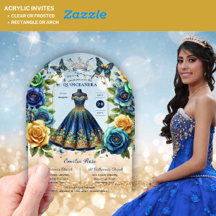 Fiesta Bloemenvlinders QUINCEANERA Blauw Goud Acryl Uitnodigingen