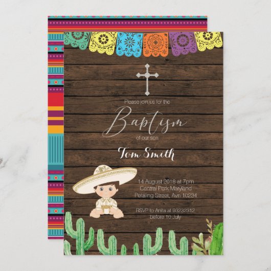 Fiesta Boy Baptism Christening Invitation Card (Devant / Derrière)