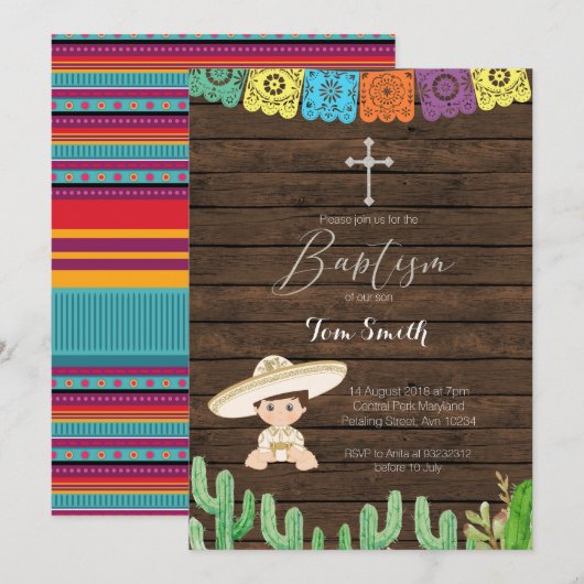 Fiesta Boy Baptism Christening Uitnodigingskaart Kaart (Voorkant / Achterkant)
