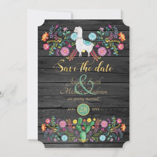 Fiesta Bruiloft Save The Date Llama Folk Bloemen Kaart (Voorkant)