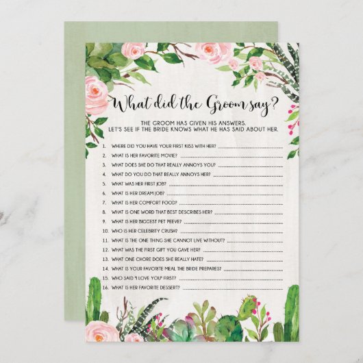 Fiesta Bruiloft Spel Wat zei de Bruidegom Kaart (Voorkant / Achterkant)