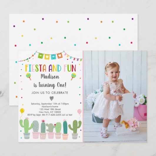 Fiesta Cactus First Birthday Invitation Kaart (Voorkant / Achterkant)