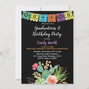 Fiesta cactus Graduation Party Invitation black Kaart