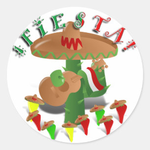 Fiesta Cactus w/Sombrero & Guitar Ronde Sticker