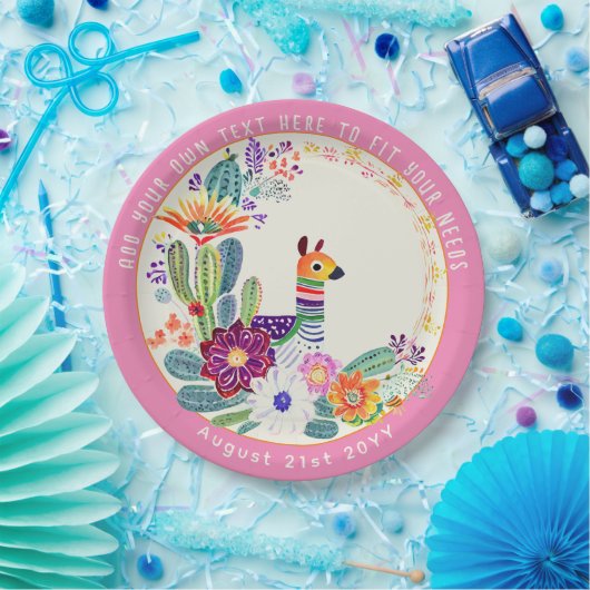 FIESTA Cactussen Llama FolkBloemen Roze Custom Papieren Bordje (Feest)