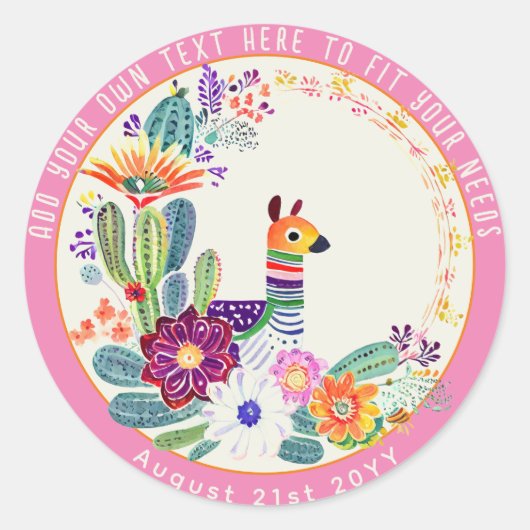 FIESTA Cactussen Llama FolkBloemen Roze Custom Ronde Sticker (Voorkant)