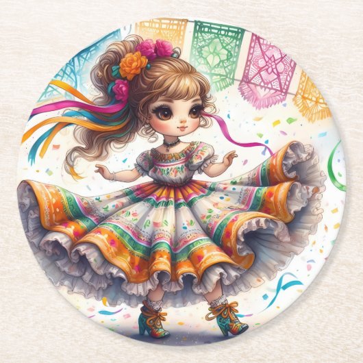 Fiesta Dancing Doll (#9) Paper Coaster Sets Ronde Kartonnen Onderzetter (Voorkant)