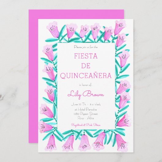 Fiesta de Quinceañera Invitation Flores Rosa (Devant / Derrière)