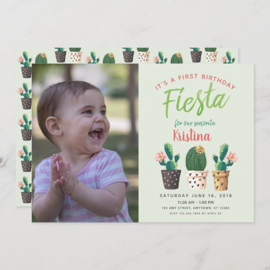 Fiesta eerste verjaardag Cactus uitnodiging (Voorkant / Achterkant)