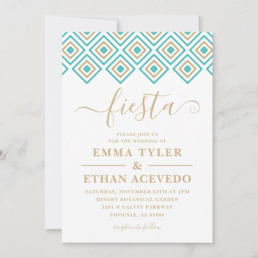 Fiesta Faire-part de mariage, Bleu et Or (Devant)