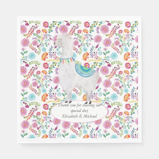 Fiesta Folk Art Bloemrijke Lama Bruiloft Aanpasbaa Servet (Voorkant)