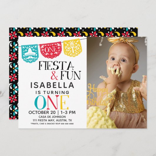 Fiesta & Fun First Birthday Photo Invitation (Devant / Derrière)