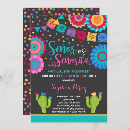 Fiesta Geslacht Onthulling Uitnodiging Señor of Se (Voorkant / Achterkant)