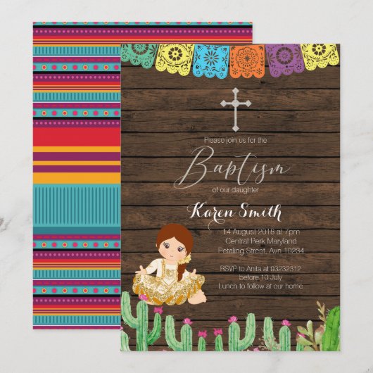 Fiesta Girl Baptism Christening Invitation Card (Devant / Derrière)