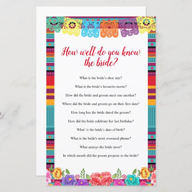 Fiesta Hoe goed ken je de Bride Game-kaart? (Voorkant / Achterkant)